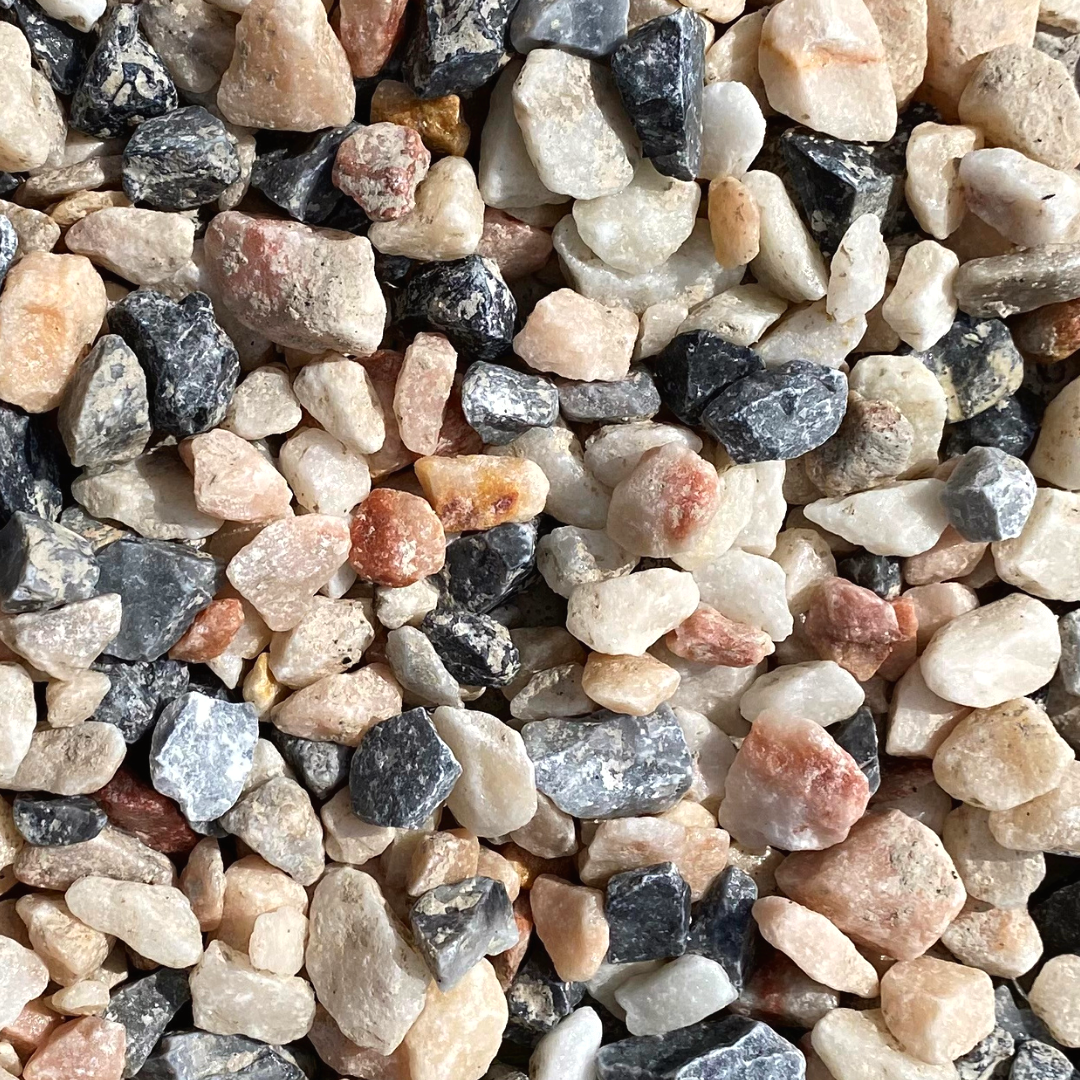 White, pink and blue gravel chippings