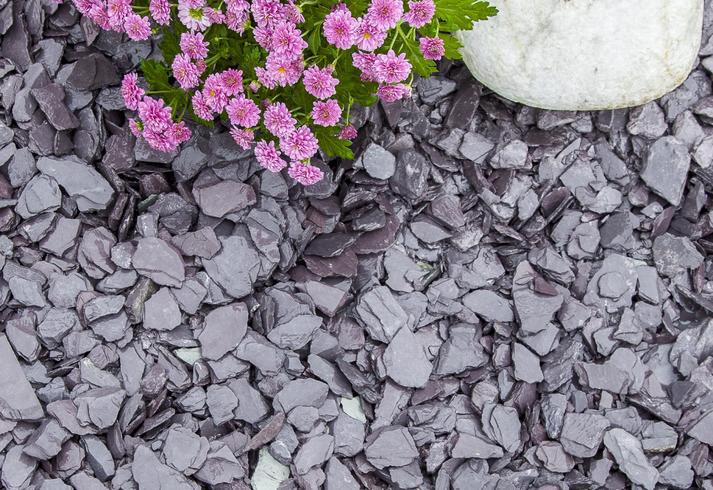 20mm blue slate chippings, rockery and pink flowers
