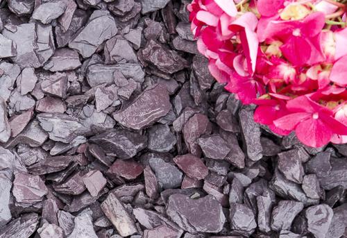 Plum slate chippings laid near pink flowers