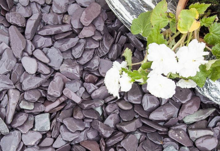 blue slate chippings laid next to white flowers