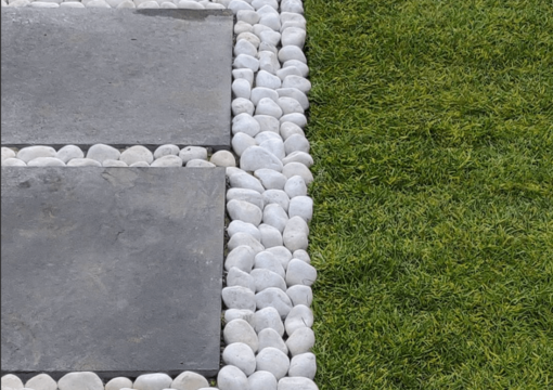 White pebbles laid in between grey paving slab path