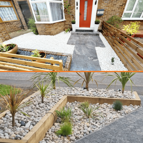 Polar white pebbles and scottish cobbles used for front garden borders and ground covering