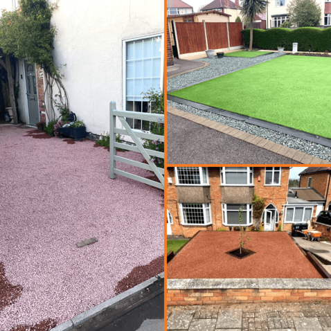 Adding colour to front gardens with red and green granite chippings used in these images for borders, driveways and ground covering.