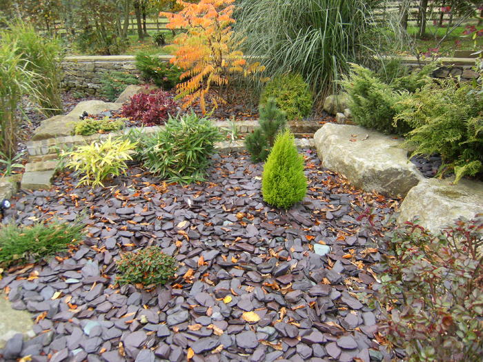 plum paddlestones laid for planting area in garden 